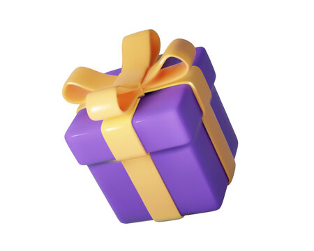 Purple gift box with glossy orange bow isolated PNG. Realistic Halloween holiday modern surprise box. Realistic vector icon for birthday or wedding banners