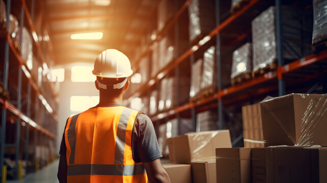 Worker in a warehouse, Asian man in high visibility vest and hard hat helmet, carton box in his hands, blurred shelves stacks background 
