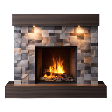 Burning modern fireplace. Luxury fireplace isolated on transparent background