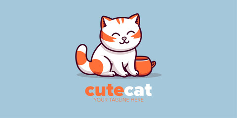 Versatile Cartoon Logo Design: Cute Minimalist White Cat Mascot Character, Perfect for Pet Store, Pet Shop, Toys, Food, and Various Business Brands