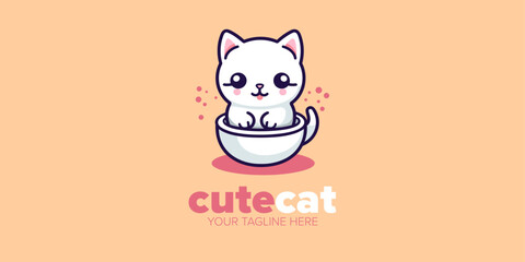 Charming White Cat Logo Design: Minimalist Mascot Cartoon Icon Suitable for Pet Store, Pet Shop, Toys, Food, and a Multitude of Brands