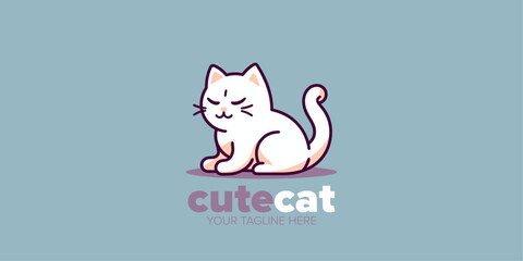 Cute Minimalist White Cat Mascot Cartoon Logo: Hand-Drawn Illustration of a Character Ideal for Pet Store, Pet Shop, Toys, Food, and Many More Brands