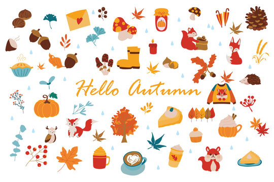 Hello autumn patches collection. Hand drawn vector illustration.