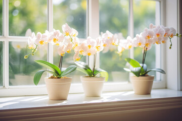 Obraz na płótnie Canvas The indoor beauty of phalaenopsis orchid is unveiled through its exotic white flowers on the window