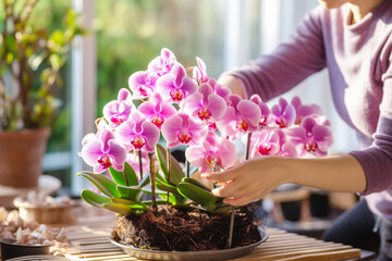 A woman devotes herself to nurturing a tropical phalaenopsis orchid - obrazy, fototapety, plakaty