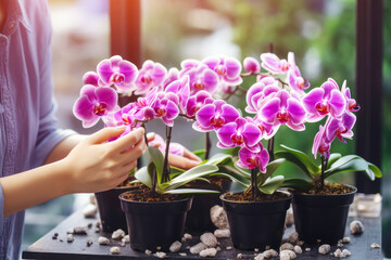 Blooming Phalaenopsis orchid receives gentle care by female hands