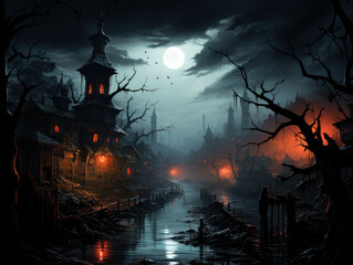 Fototapeta na wymiar Halloween spooky town in a dark night