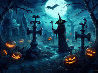 Halloween background with spooky cemetery gravestones, pumpkins and witch on a night sky