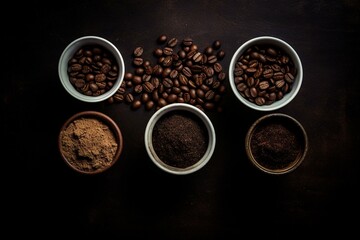 Coffee beans and ground coffee in cups, viewed from the top with space for text. Generative AI