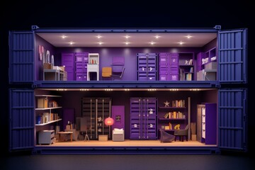 Cutaway of 10x20 ft self storage units with furniture visualization on purple background. Demonstrates capacity for warehouse company. Generative AI - obrazy, fototapety, plakaty