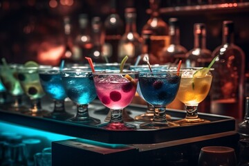 Colorful cocktails being served in a vibrant nightclub. Generative AI