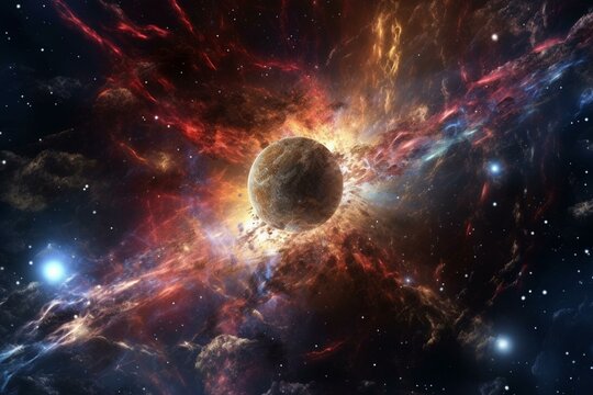 Illustration of the universe's origin, depicting the big bang, star and planet formation. Generative AI