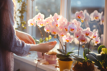 Blooming Phalaenopsis orchid cared for by a woman's hands at the window