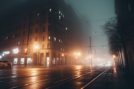 A misty city street with buildings and street lights. Generative AI