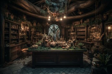 Captivating mystical store with highly detailed lifelike design - an enchanting feast for the eyes. Generative AI