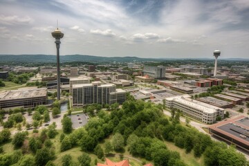 A panoramic view of Knoxville, Tennessee skyline from above Worlds Fair Park. Generative AI - obrazy, fototapety, plakaty