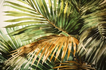 Watercolor print of palm plants with lush golden tropical foliage. Generative AI