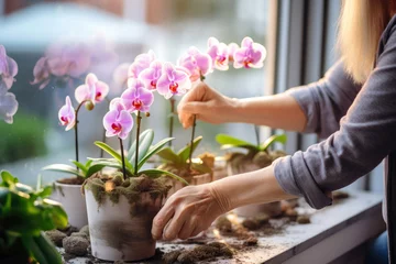 Foto op Canvas Caring hands tend to a blossoming Phalaenopsis orchid by the window © Виктория Марьенко
