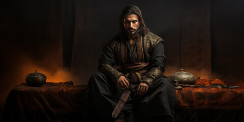 An Ottoman emppire warrior, a young janissary sitting in a Ottoman tent waiting for battle. Generative AI