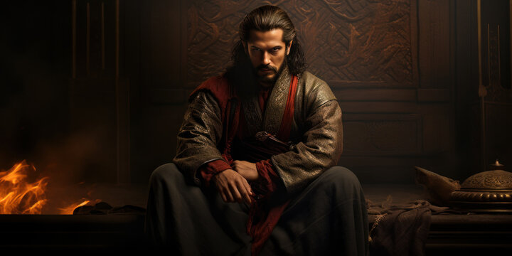 An Ottoman emppire warrior, a young janissary sitting in a Ottoman tent waiting for battle. Generative AI