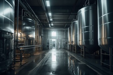 Modern beer production facility featuring shining stainless steel kettles, tubes, and tanks. Generative AI