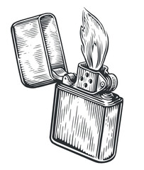 Fire flame and lighter burns with the lid open. Burning cigarette lighter. Sketch vintage vector illustration - obrazy, fototapety, plakaty