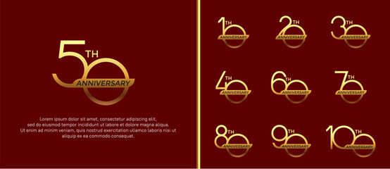 set of anniversary logo gold color and golden ribbon on red background for celebration moment