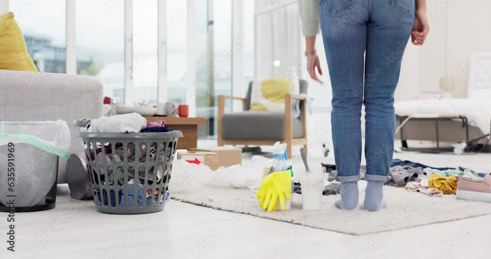 Sticker back, cleaning and a woman in a messy living room for housekeeping or chores in the home closeup. pr