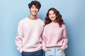 Fototapeta premium Close-up portrait of young loving couple embracing while standing in studio. Couple in athletic sweater. Photo shoot of lovely couple sweater. Generative AI.