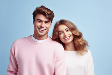 Close-up portrait of young loving couple embracing while standing in studio. Couple in athletic sweater. Photo shoot of lovely couple sweater. Generative AI.