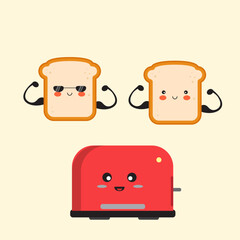 cute toster and tost character in cartoon style - obrazy, fototapety, plakaty
