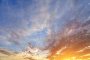It's a sunset sky. Colorful sky at sunset. Multicolored background for design.