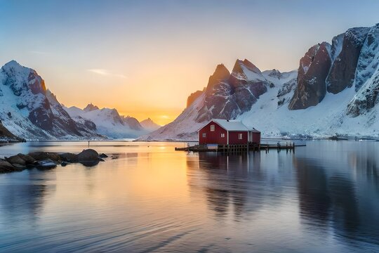 beautiful nature image of north fjords with mountains landscape and village. Scenic photo of winter. , Norway lofoten island in winter season.