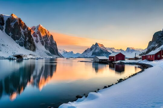 beautiful nature image of north fjords with mountains landscape and village. Scenic photo of winter. , Norway lofoten island in winter season. generated by AI tool