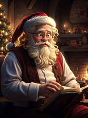 Happy Santa Claus reading a book in chair late with presents on xmas eve. Merry Christmas traditional concept. Cartoon style