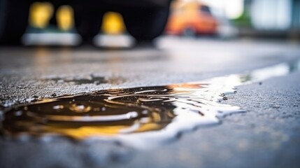 Selective focus of engine oil stains of car leaking. Oil leak or drop from engine of car on concrete floor.