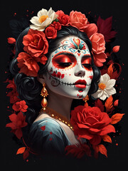 La Calavera Catrina, Dia De Los Muertos, Mexico. Day of the dead. Folklore, tradition beautiful face makeup. Skull