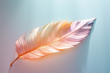 A delicate rainbow-colored feather on a light backdrop, showcasing nature-inspired hues of light pink, orange, azure, and amber, evoking Easter and springtime vibes