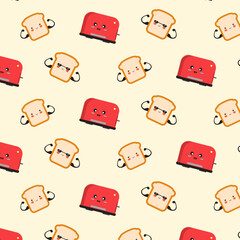 seamless pattern with cute toster and toast cartoon style  - obrazy, fototapety, plakaty