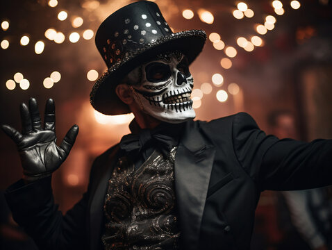 Dancing man in black costume with skeleton mask. Halloween party