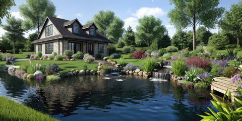 Scenic spring summer artificial pond environment surrounded by rocks with house in the background