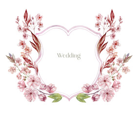 Watercolor Crest with Cherry Flowers on the white Background. Wedding Design.