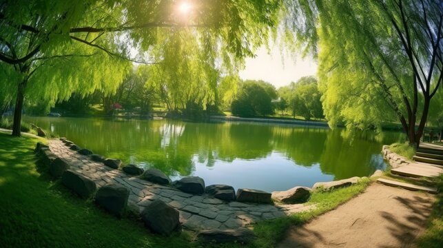 Beautiful colorful summer spring natural landscape with a lake in Park surrounded by green foliage of trees in sunlight and stone path in foreground, Generative AI