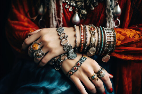 Close up of a woman's hands with lots of boho jewellery