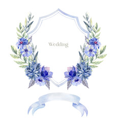 Watercolor Crest with Anemone Flowers on the white Background. Wedding Design.