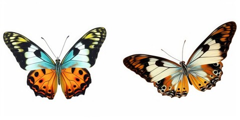 Fototapeta na wymiar Set two beautiful colorful bright multicolored tropical butterflies with wings spread and in flight isolated on white background, close-up macro, Generative AI