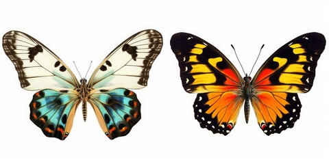 Fototapeta na wymiar Set two beautiful colorful bright multicolored tropical butterflies with wings spread and in flight isolated on white background, close-up macro, Generative AI