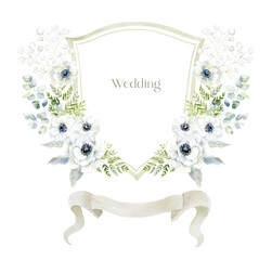 Watercolor Crest with Anemone Flowers on the white Background. Wedding Design.