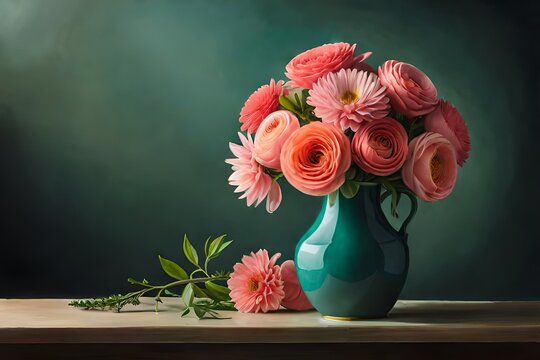 Beautiful amazing art of coral colored flowers in a green vase, against a black background, by art by alesso baldovinetti, trending on artstation, oil painting