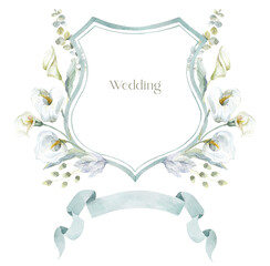 Watercolor Crest with white Flowers on the white Background. Wedding Design. - 635596115